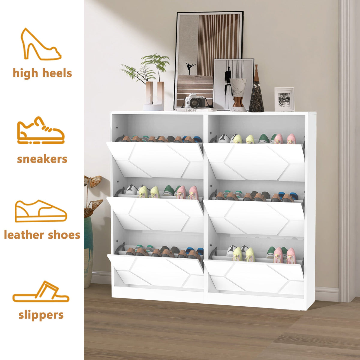 Entryway Shoe Storage Cabinet with Hexagonal Carved Doors