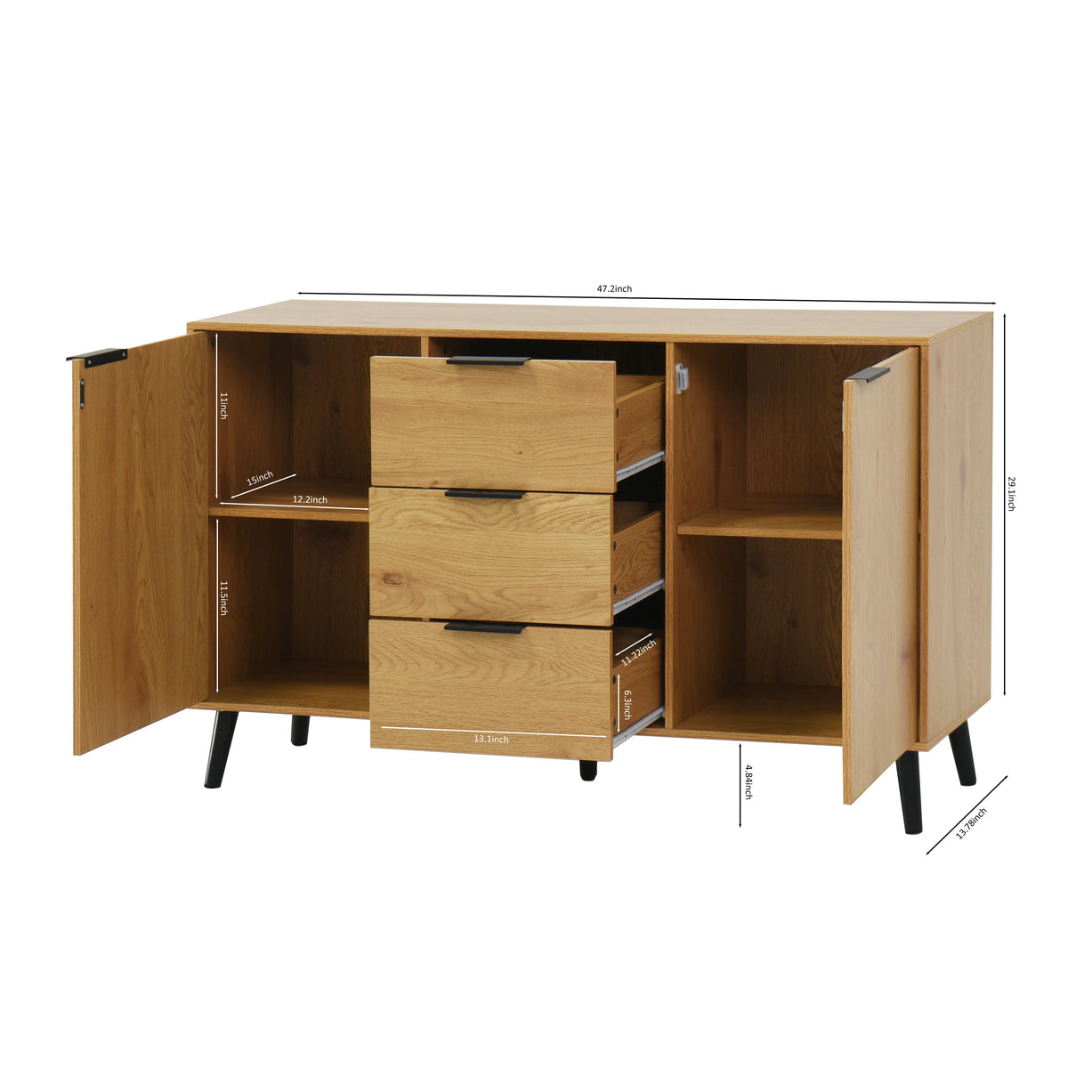Mid-Century Oak Sideboard Buffet with Drawers & Doors