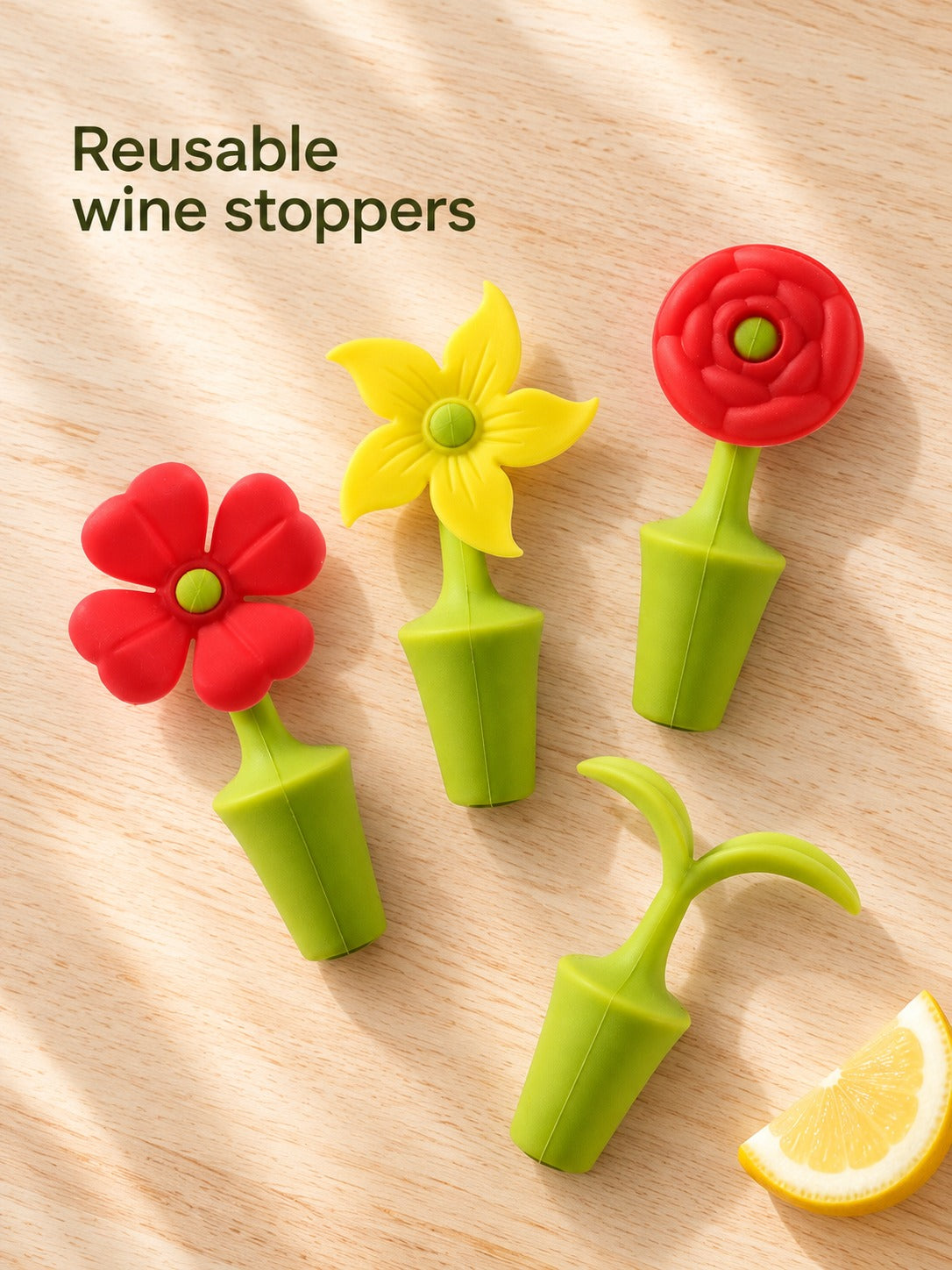 Silicone Flower Wine Stopper Set, 4 Reusable Designs