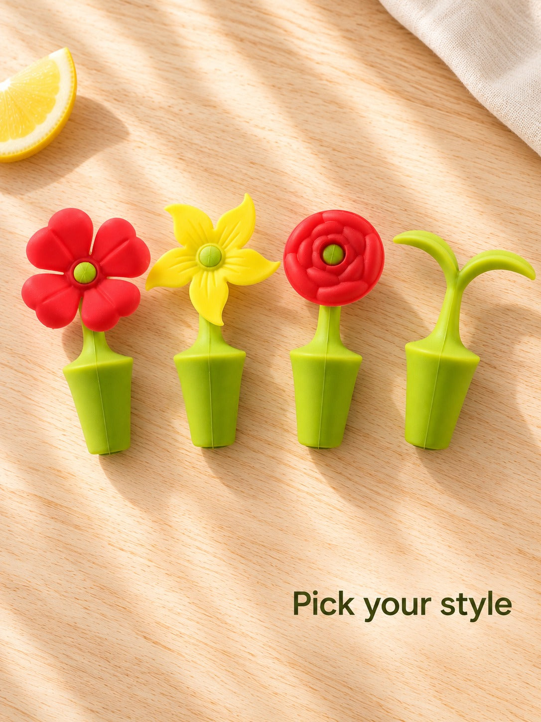 Silicone Flower Wine Stopper Set, 4 Reusable Designs