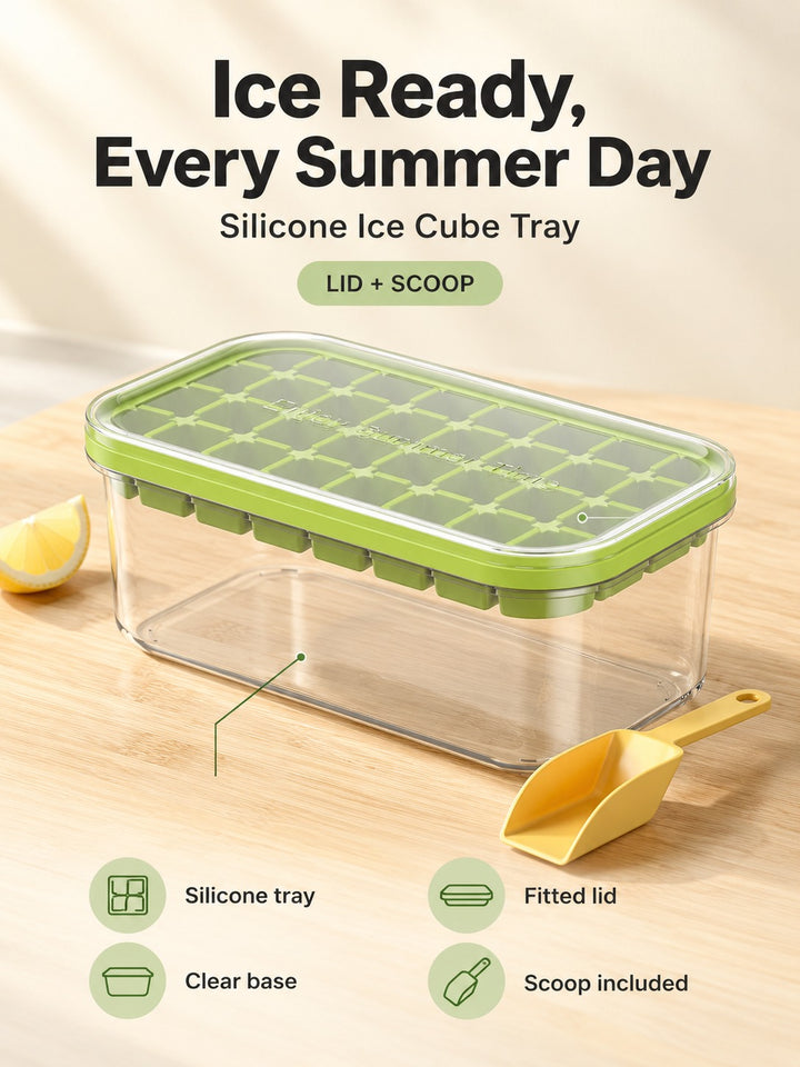 Silicone Ice Cube Tray With Lid and Scoop, 32 Cubes