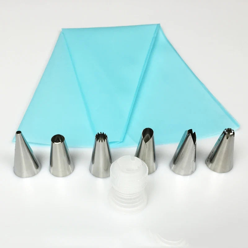 Silicone Piping Bag Set with 6 Stainless Steel Nozzles
