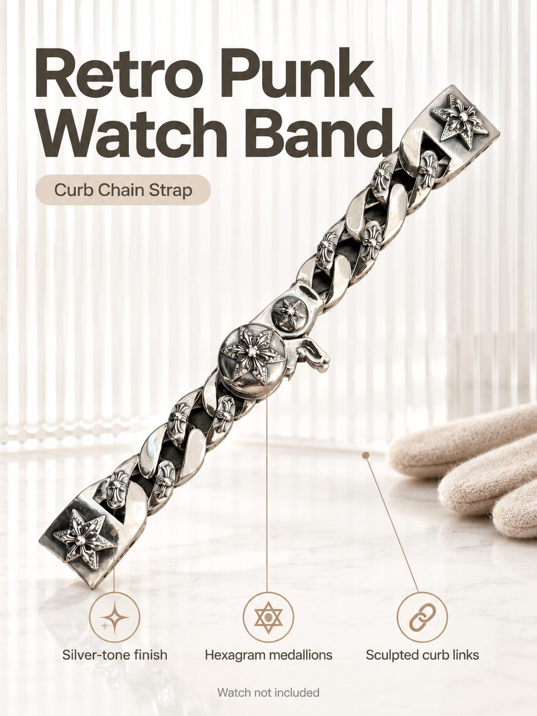 Silver Hexagram Watch Band for Men, Retro Punk Style