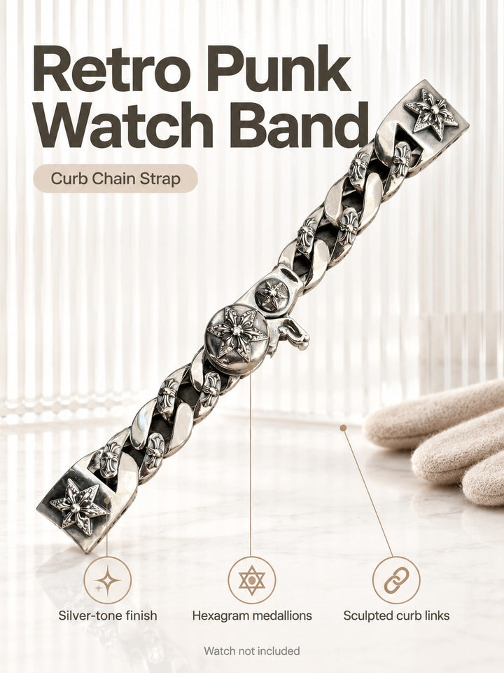 Silver Hexagram Watch Band for Men, Retro Punk Style