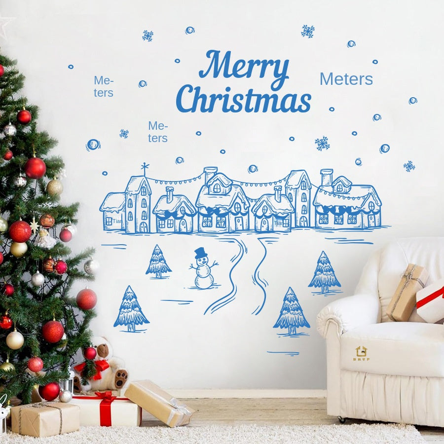 Christmas Window Stickers Blue Snow Village Decor