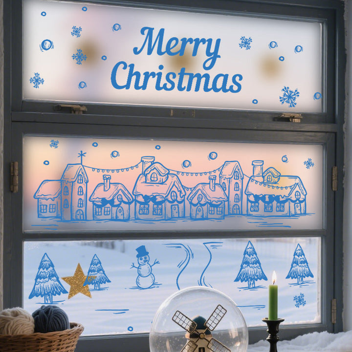 Christmas Window Stickers Blue Snow Village Decor