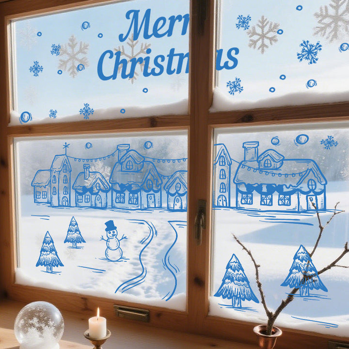 Christmas Window Stickers Blue Snow Village Decor