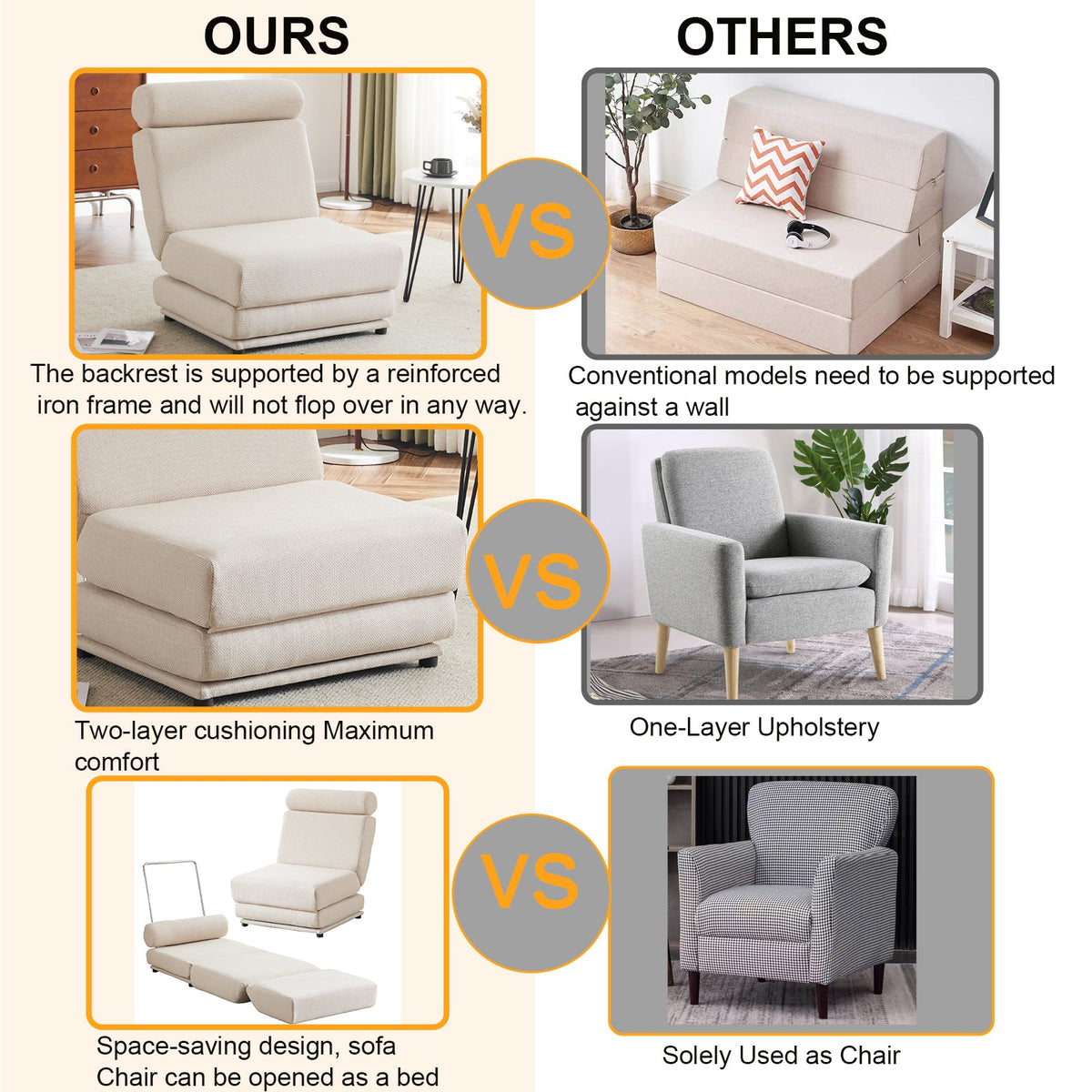 Foldable Single Sofa Bed Chair That Stands Without Wall