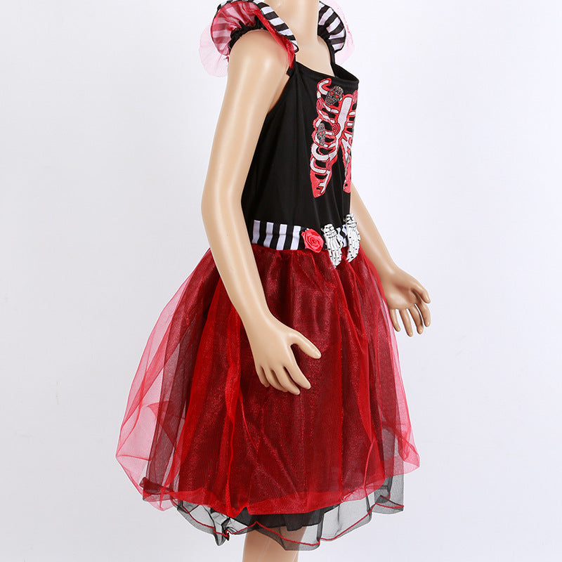 Kids Skeleton Halloween Costume Dress Deep Red Tulle