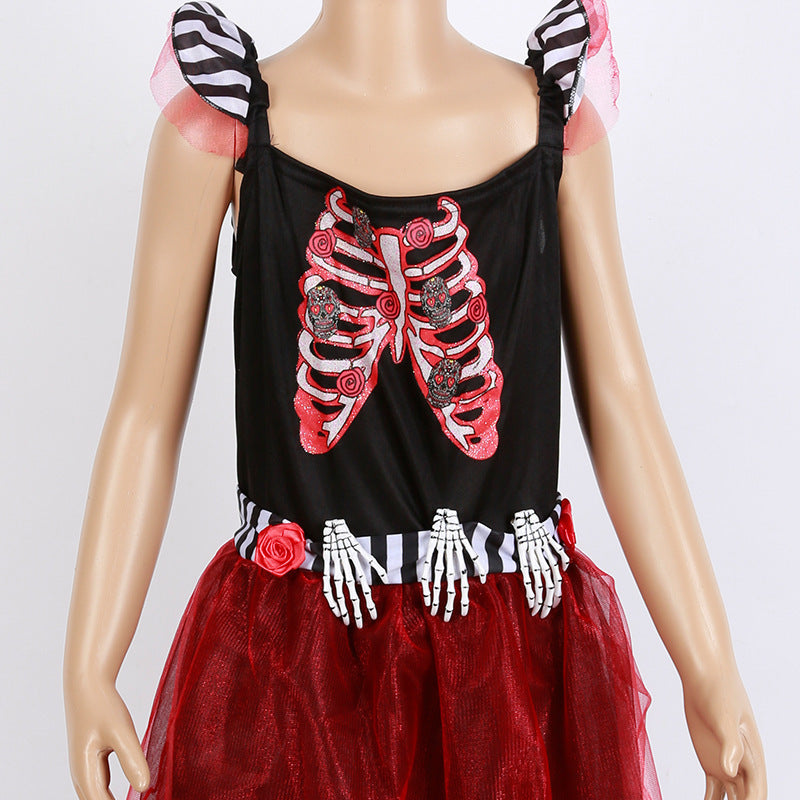 Kids Skeleton Halloween Costume Dress Deep Red Tulle