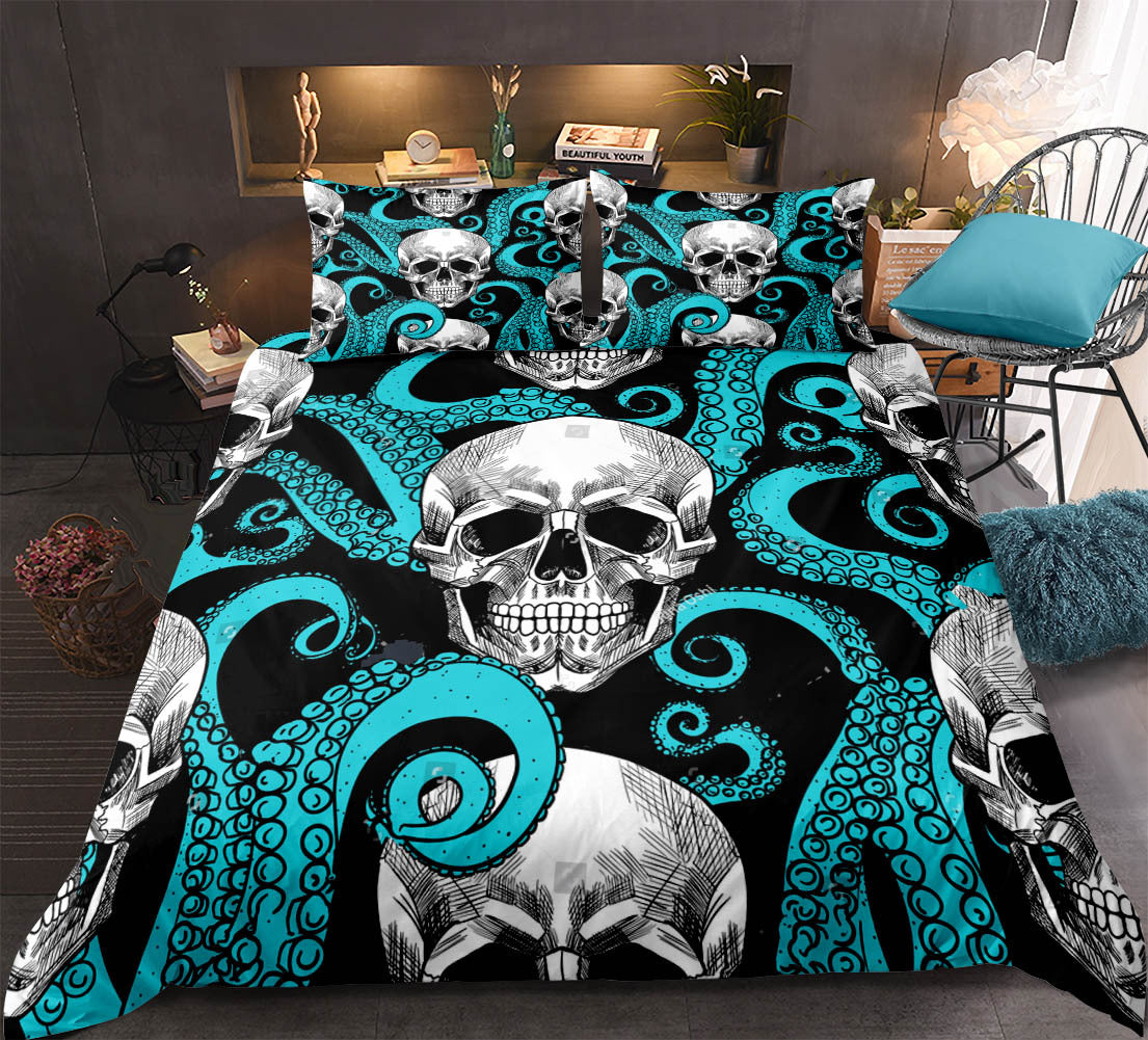Skull Bedding Set – Gothic Floral Full-Size Bedroom Decor