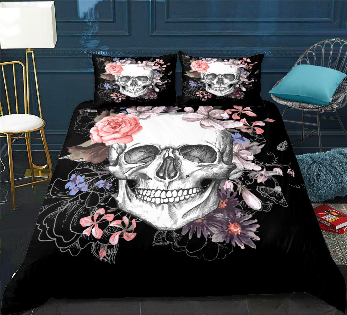 Skull Bedding Set – Gothic Floral Full-Size Bedroom Decor