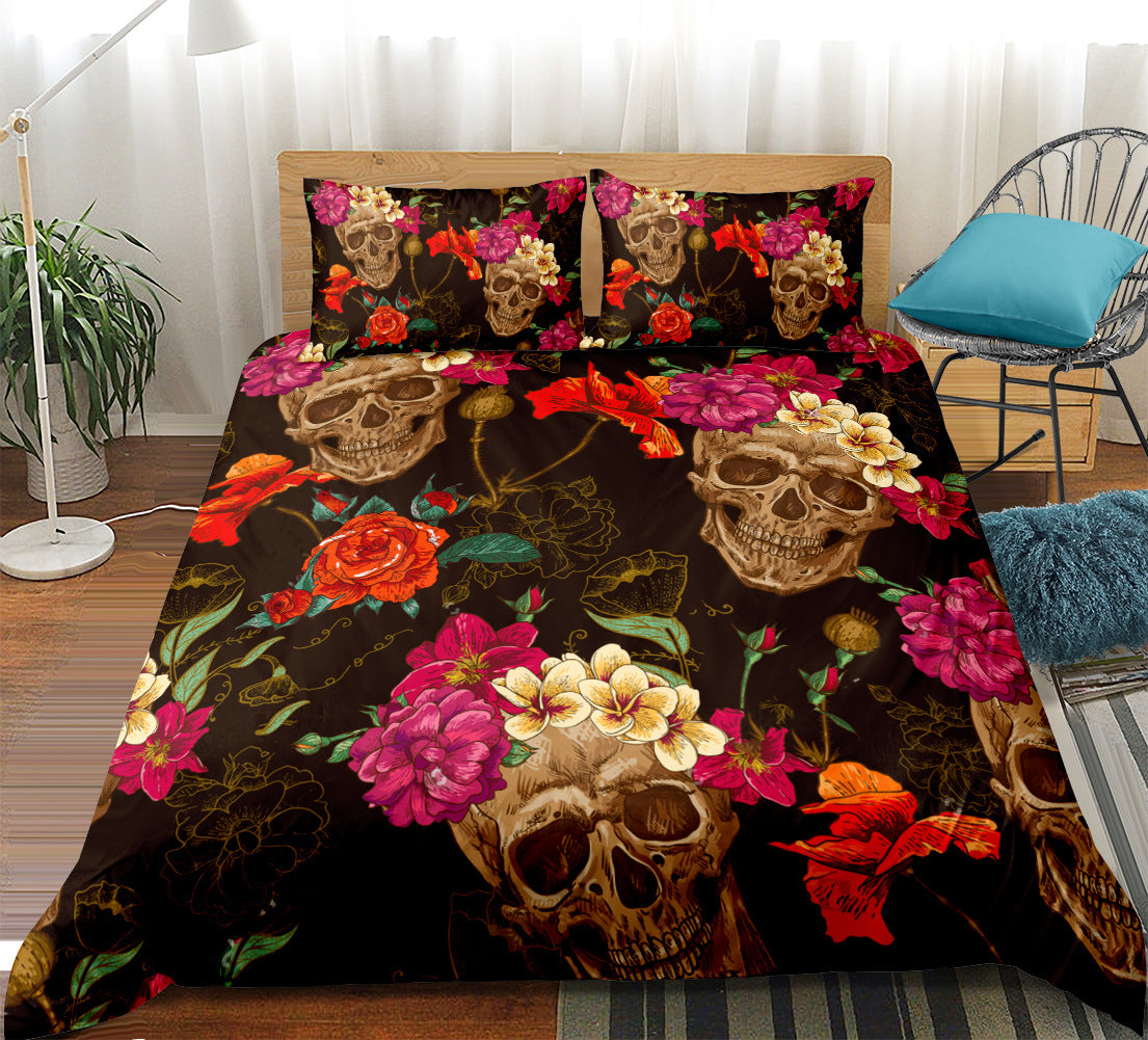 Skull Bedding Set – Gothic Floral Full-Size Bedroom Decor