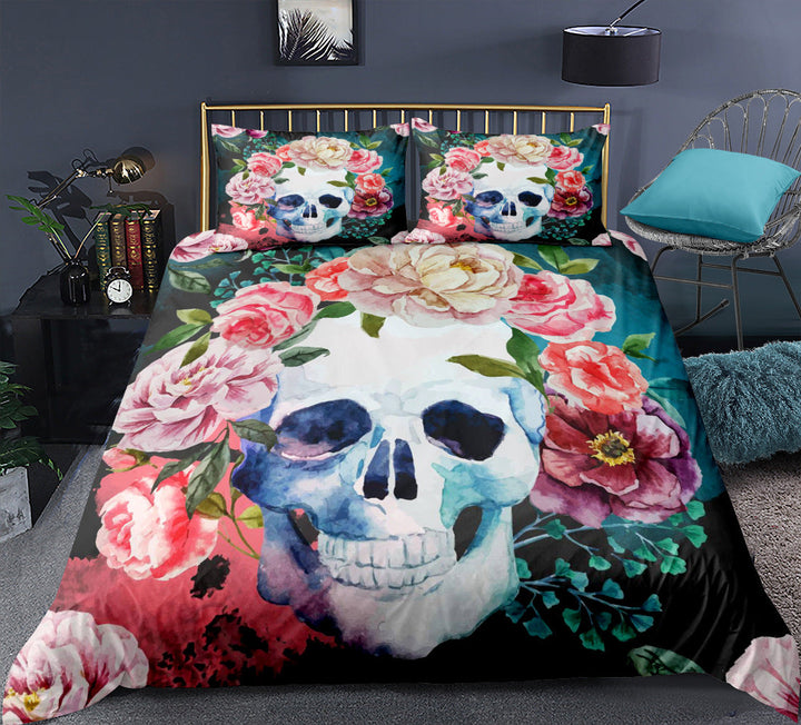 Skull Bedding Set – Gothic Floral Full-Size Bedroom Decor
