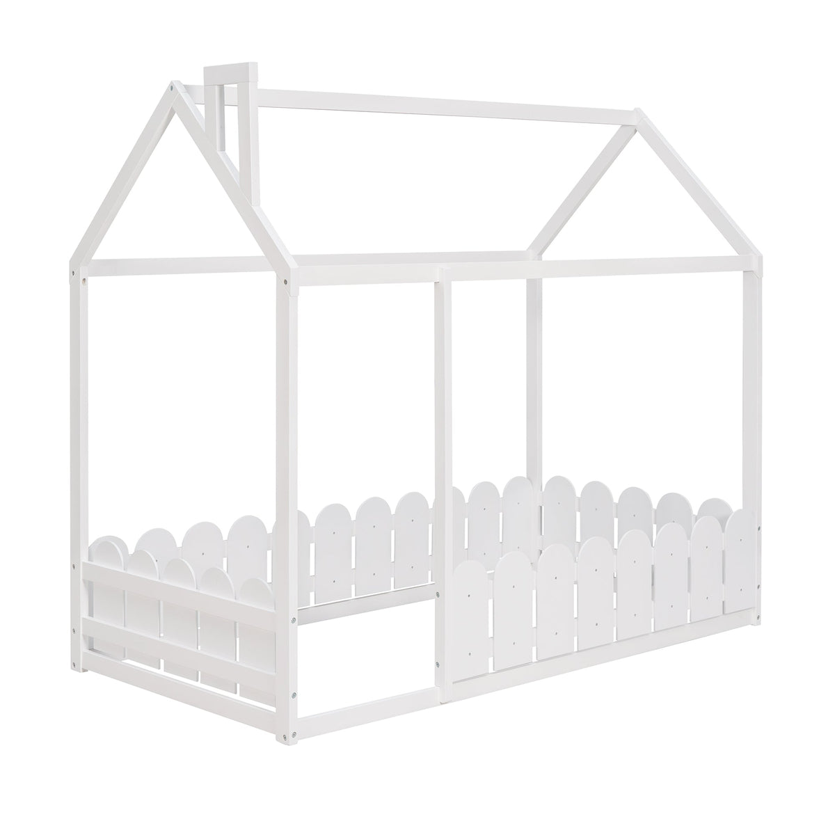 Twin Wood House Bed Frame with Picket Fence for Kids