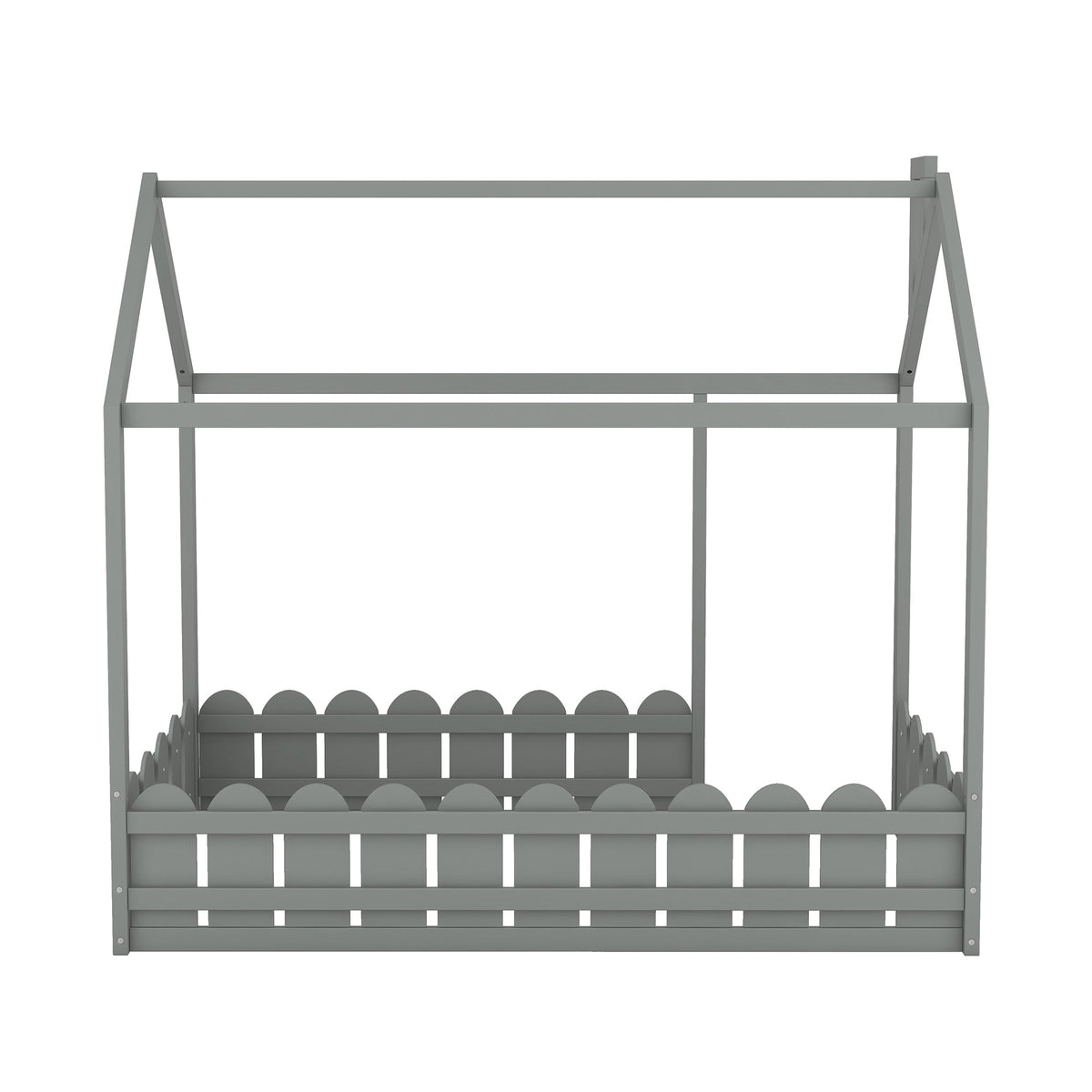 Gray Twin House Bed Frame with Fence Guardrail for Kids