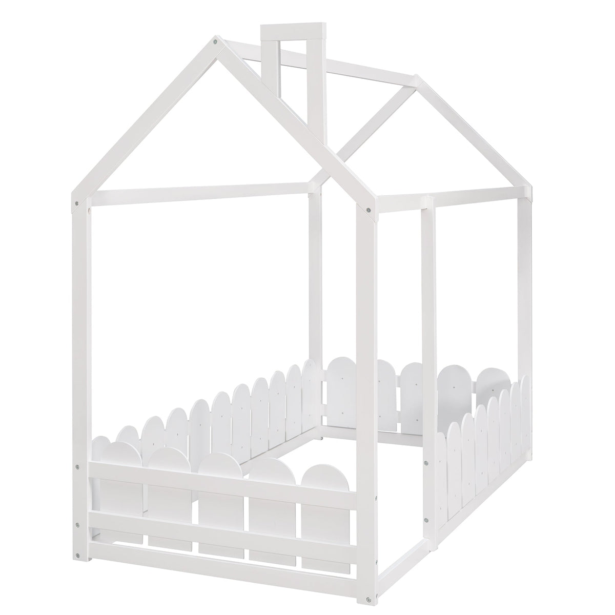 Twin Wood House Bed Frame with Picket Fence for Kids