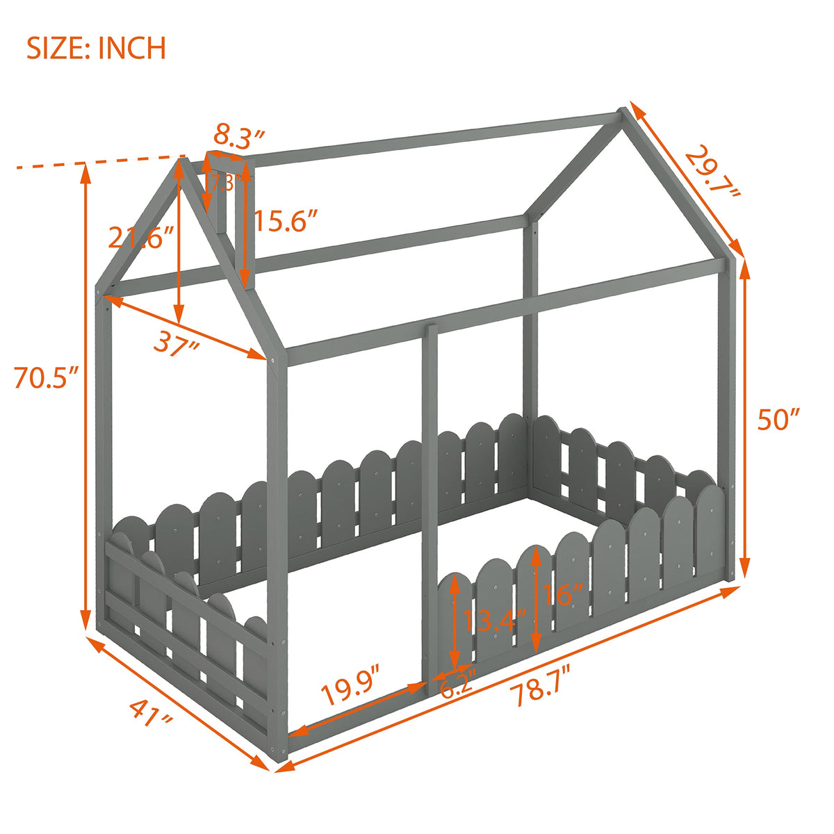 Gray Twin House Bed Frame with Fence Guardrail for Kids