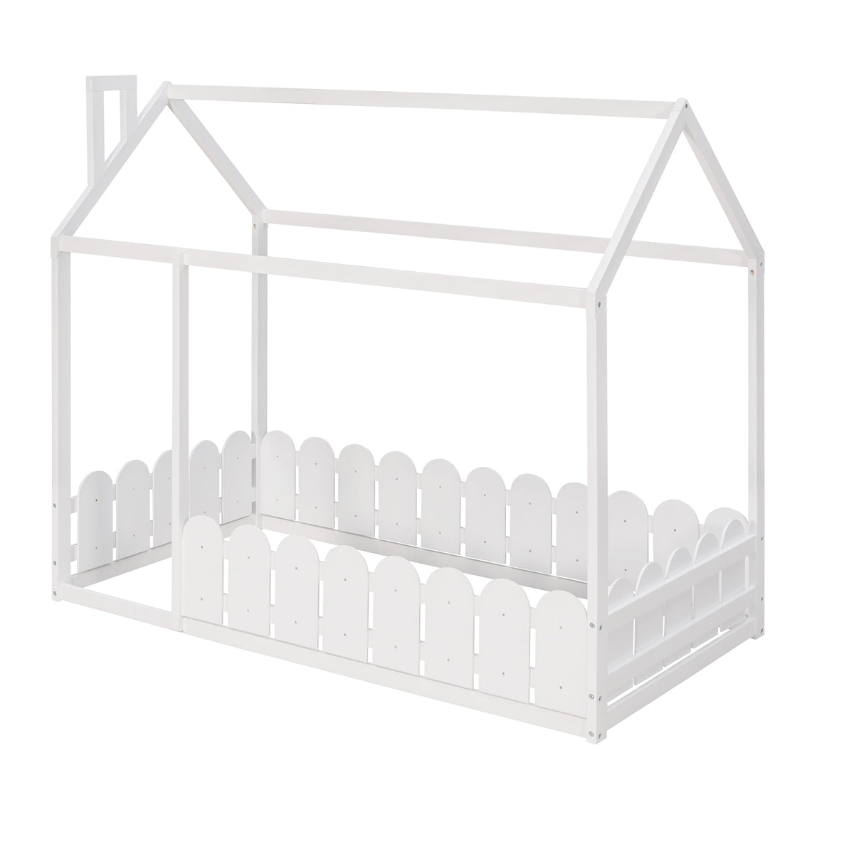 Twin Wood House Bed Frame with Picket Fence for Kids