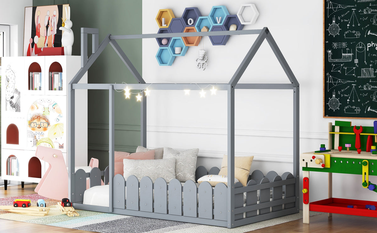 Gray Twin House Bed Frame with Fence Guardrail for Kids