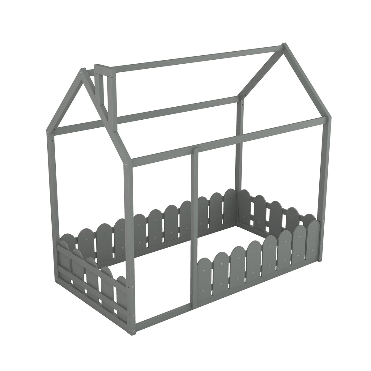 Gray Twin House Bed Frame with Fence Guardrail for Kids