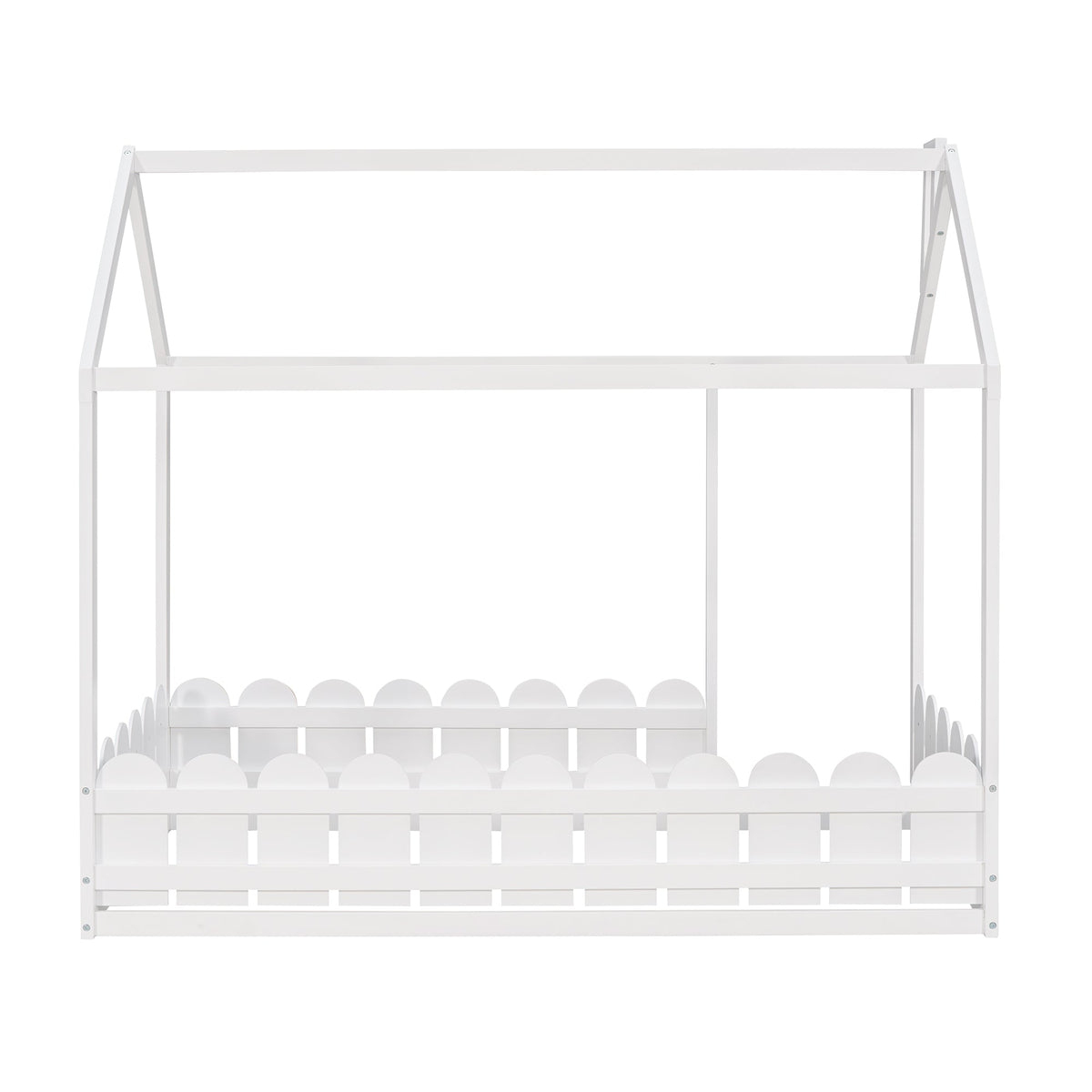 Twin Wood House Bed Frame with Picket Fence for Kids