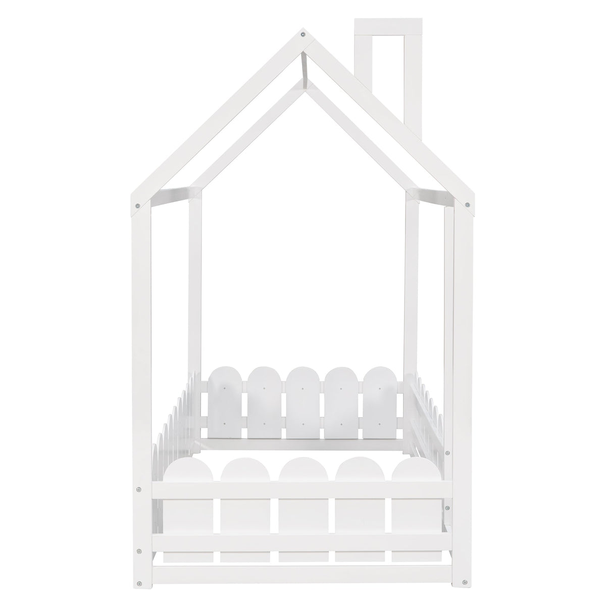 Twin Wood House Bed Frame with Picket Fence for Kids
