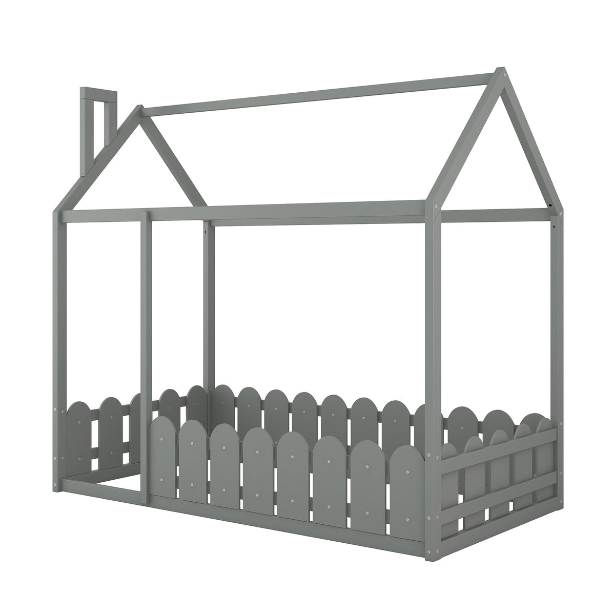 Gray Twin House Bed Frame with Fence Guardrail for Kids