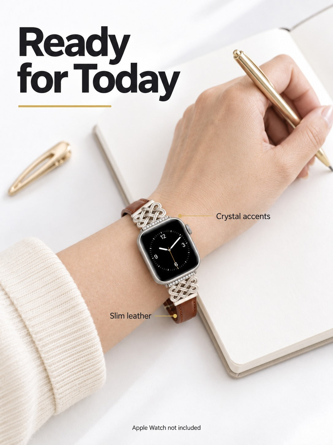 Slim Leather Apple Watch Band with Crystal Knot Design