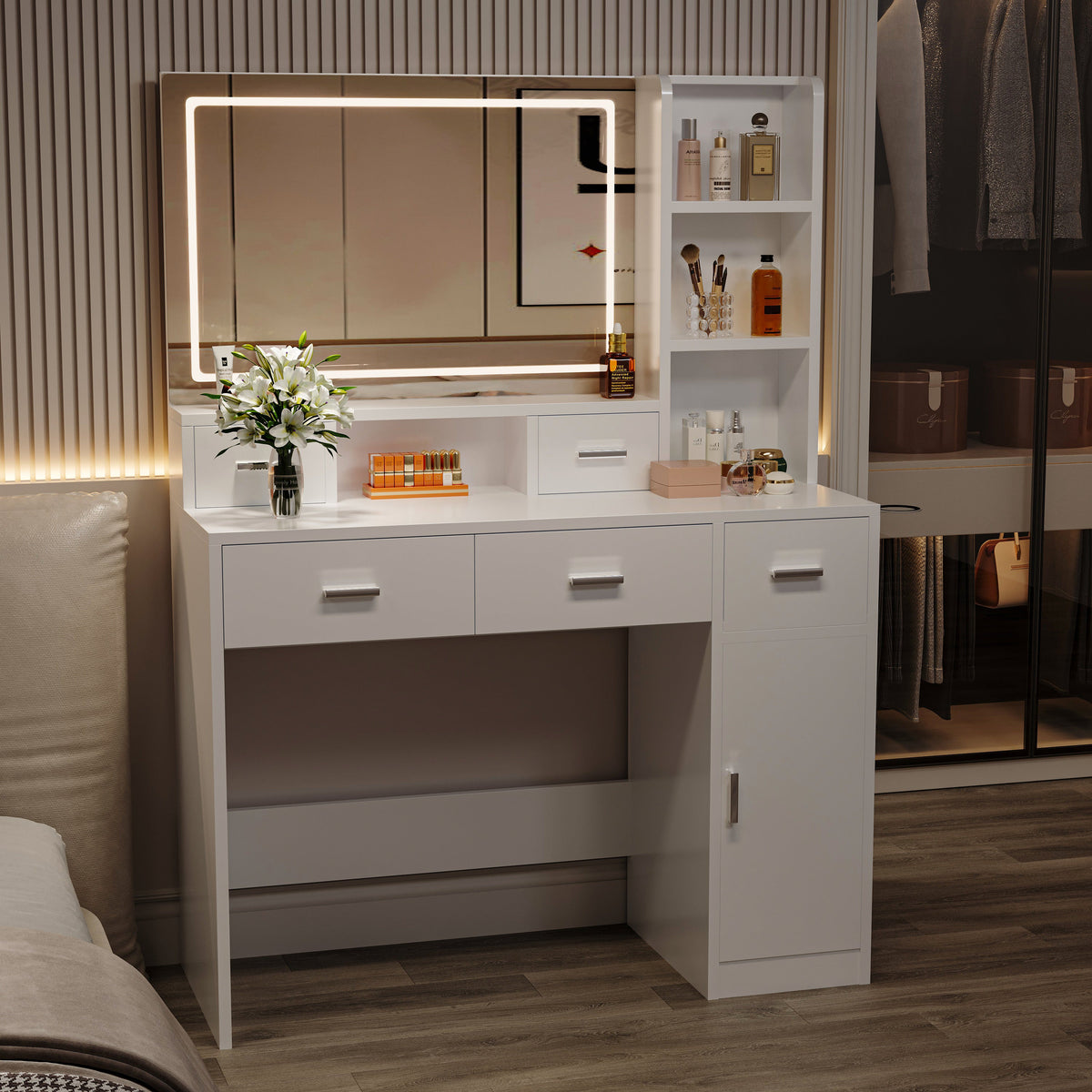 LED Mirror Dressing Table with Drawers and Shelves