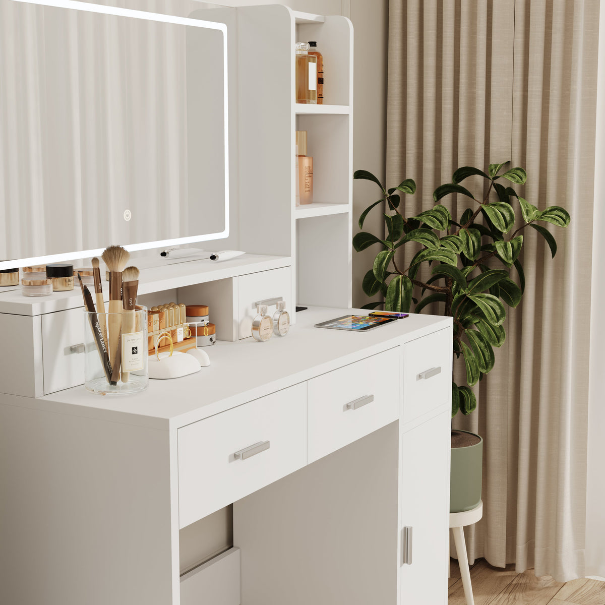 LED Mirror Dressing Table with Drawers and Shelves