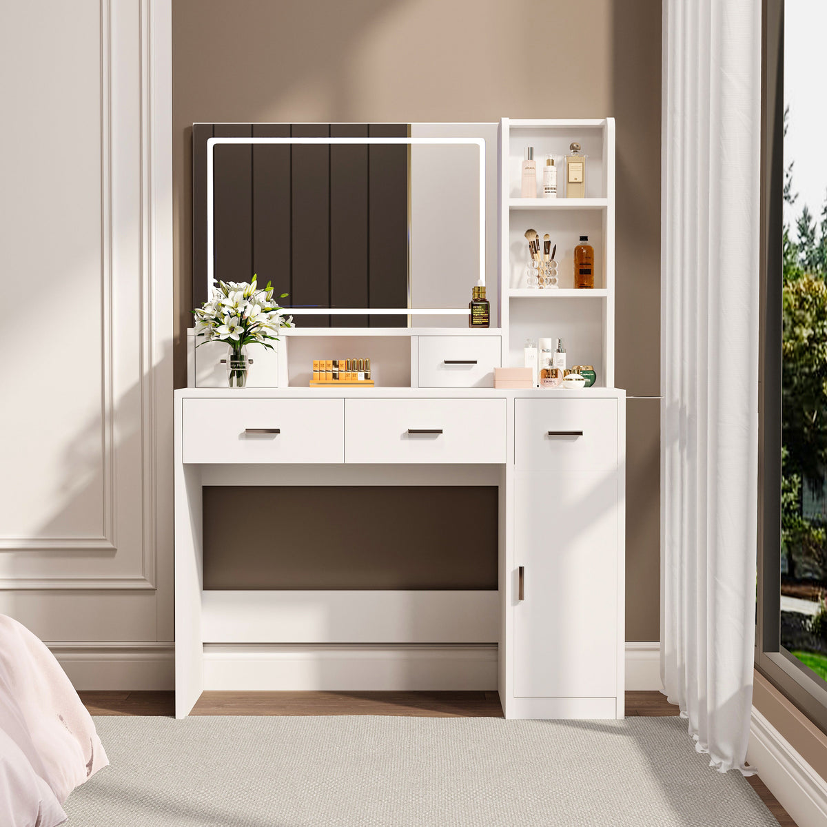 LED Mirror Dressing Table with Drawers and Shelves