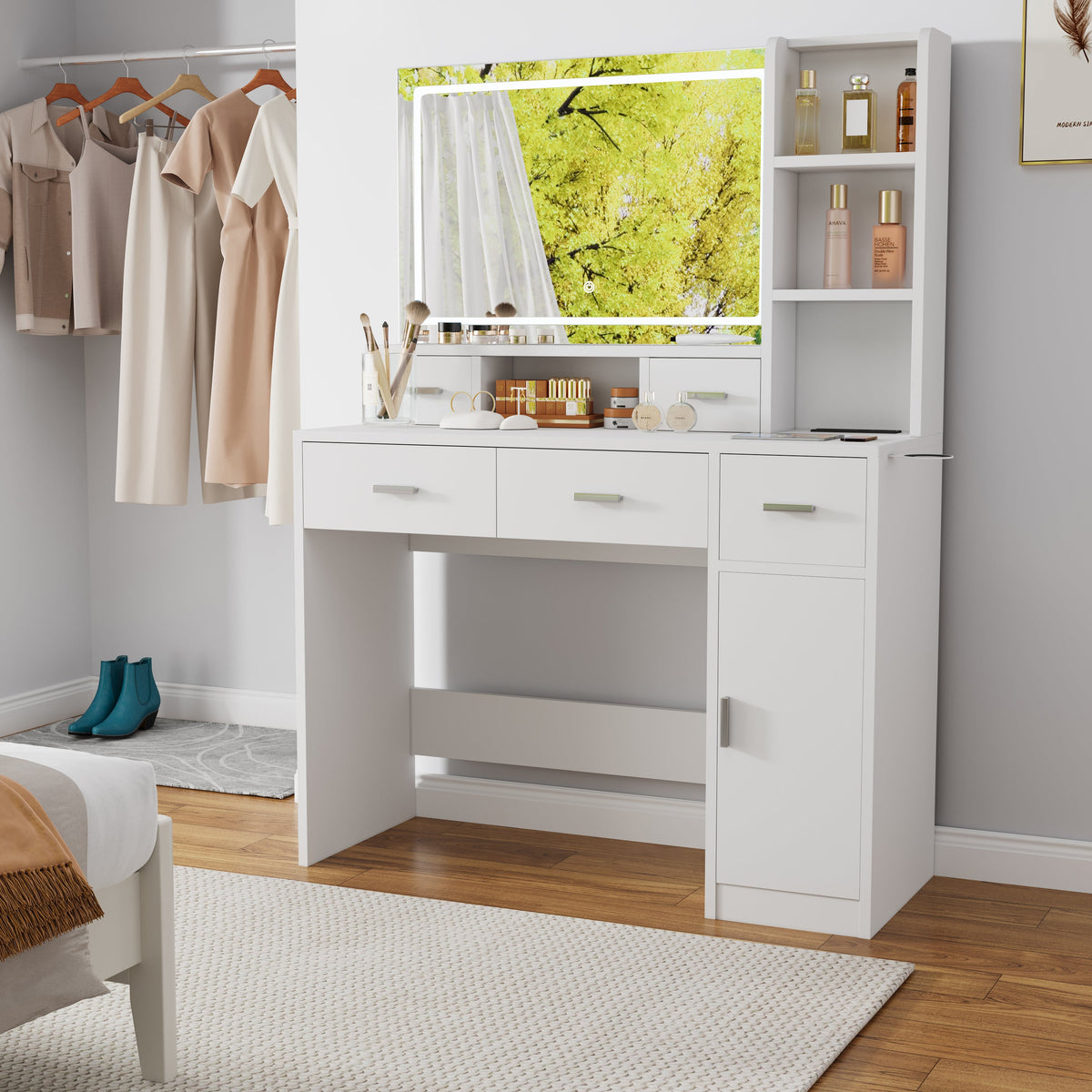 LED Mirror Dressing Table with Drawers and Shelves