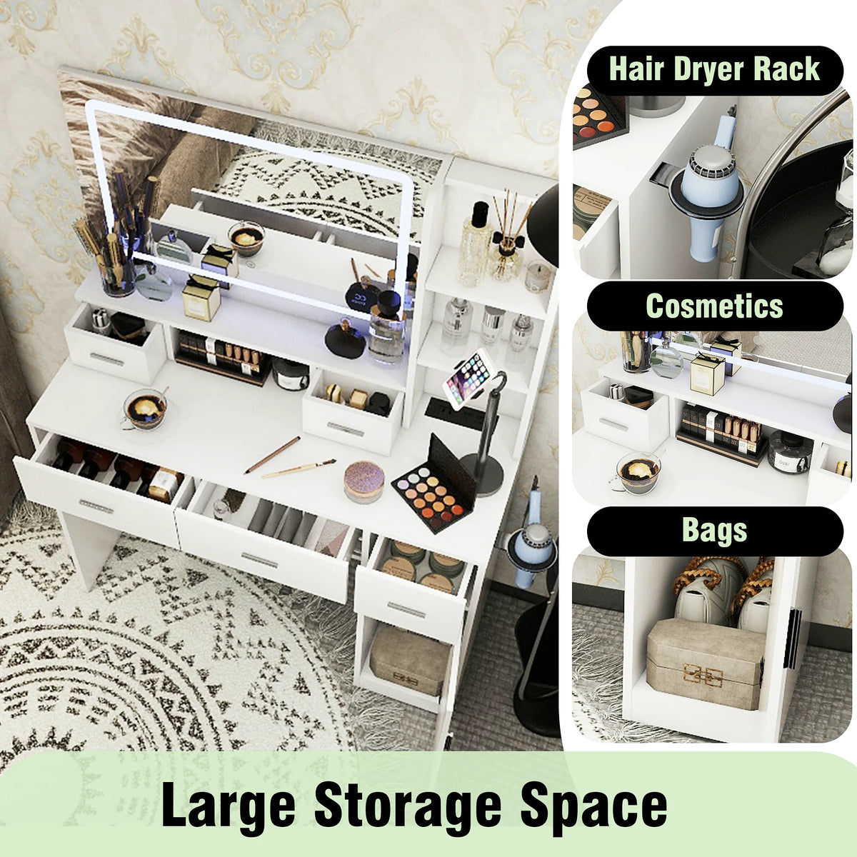 LED Mirror Dressing Table with Drawers and Shelves
