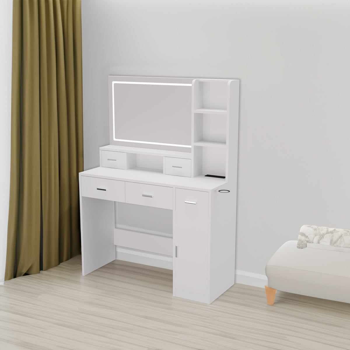 LED Mirror Dressing Table with Drawers and Shelves