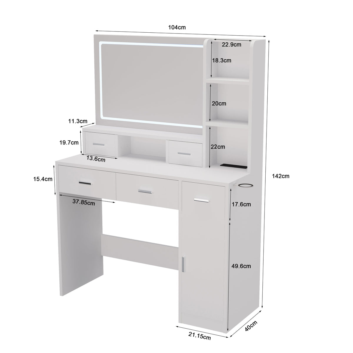 LED Mirror Dressing Table with Drawers and Shelves
