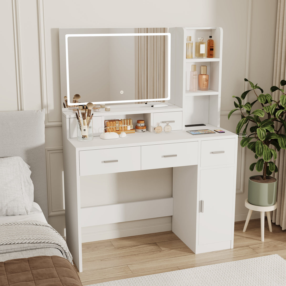 LED Mirror Dressing Table with Drawers and Shelves