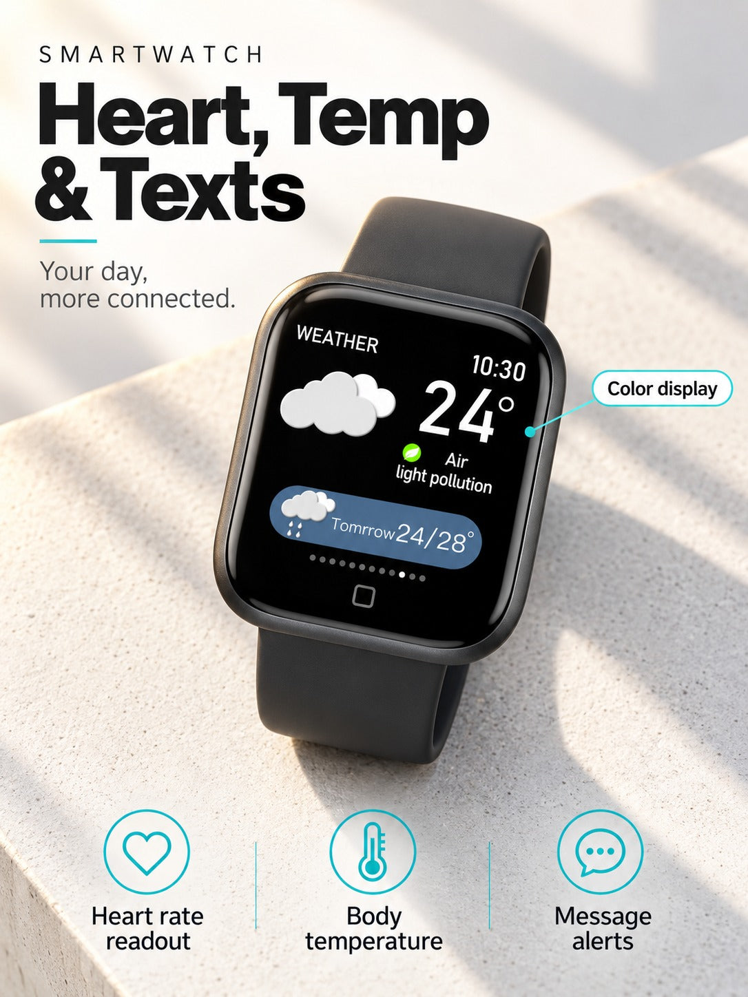 Smartwatch with Heart Rate, Body Temp & Notifications
