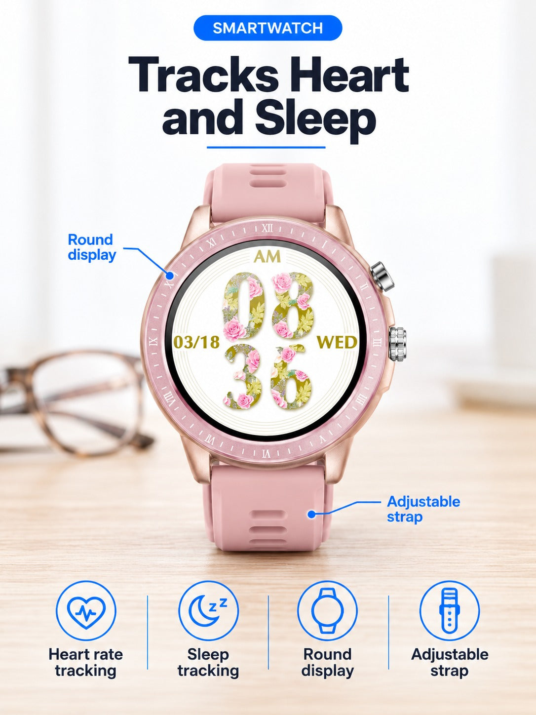 Smartwatch Heart Rate & Sleep Tracker, Waterproof