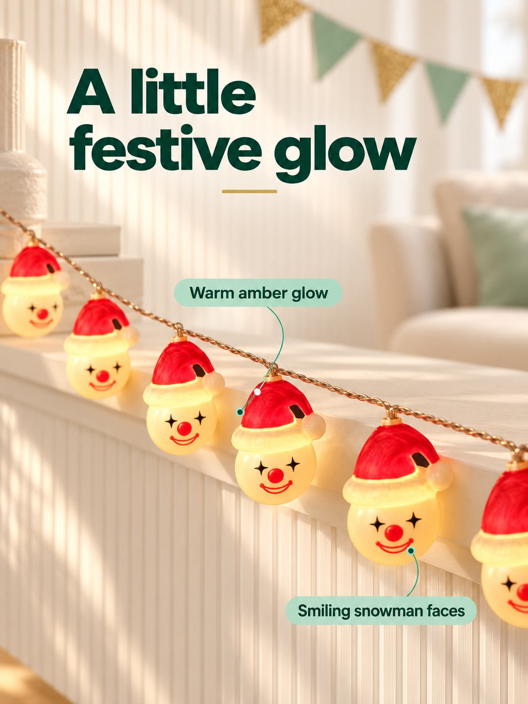 Snowman Santa Hat LED Christmas String Lights Warm Glow