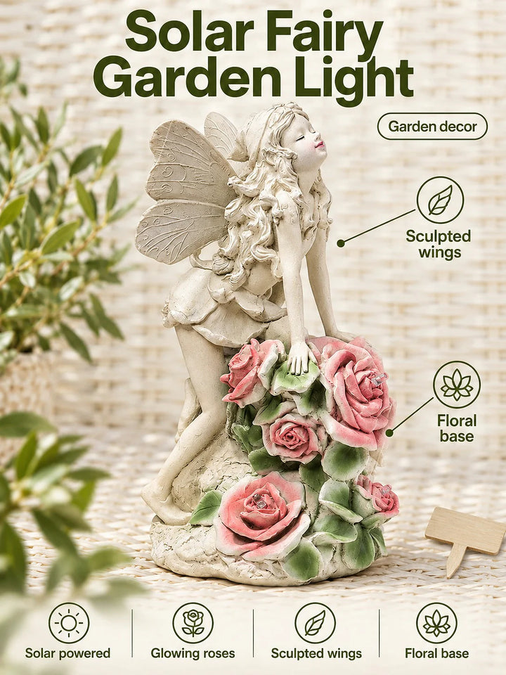 Solar Flower Fairy Garden Statue with Glowing Roses