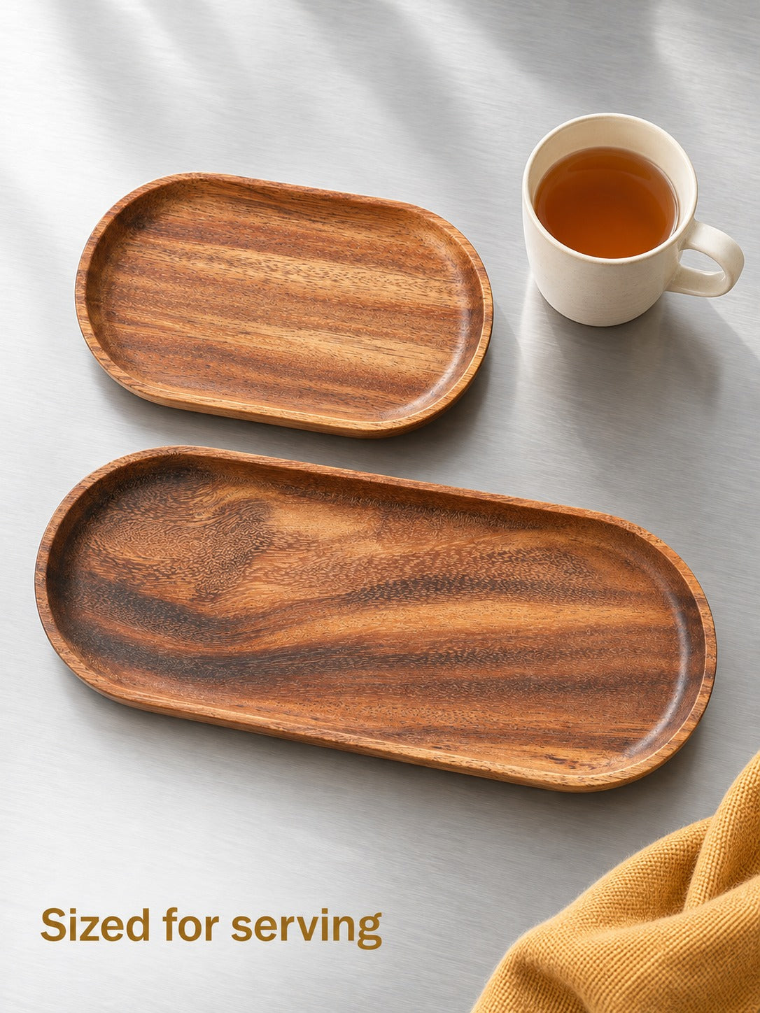 Solid Acacia Wood Oval Serving Tray for Tea and Snacks