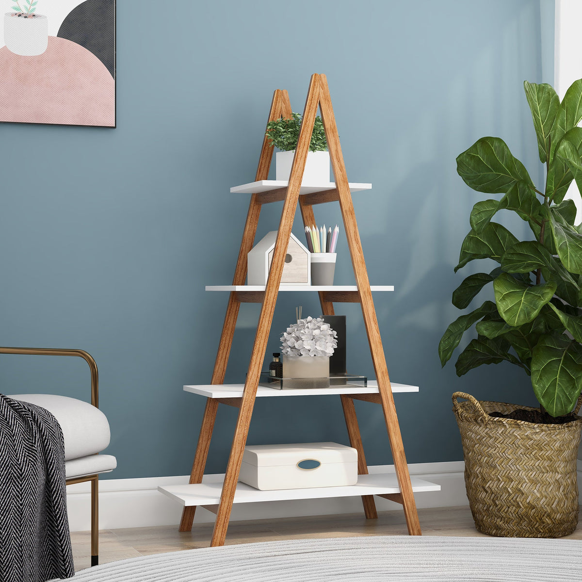 Bamboo A-Frame Ladder Bookshelf, Four-Tier Open Storage