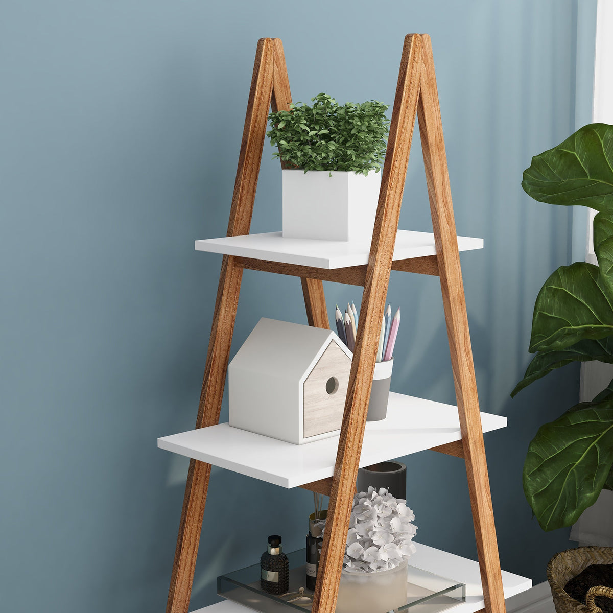 Bamboo A-Frame Ladder Bookshelf, Four-Tier Open Storage