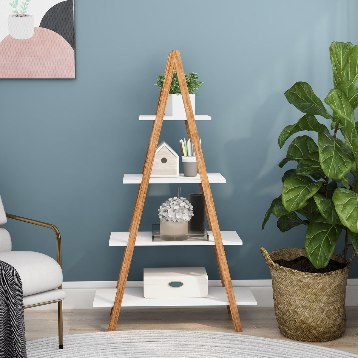 Bamboo A-Frame Ladder Bookshelf, Four-Tier Open Storage
