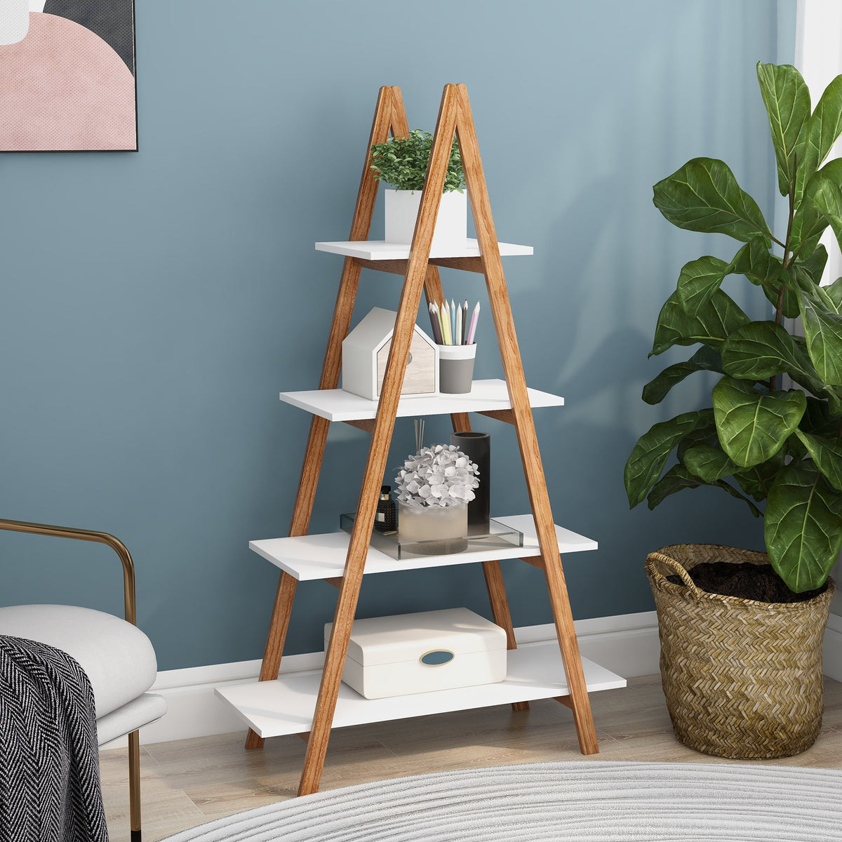 Bamboo A-Frame Ladder Bookshelf, Four-Tier Open Storage