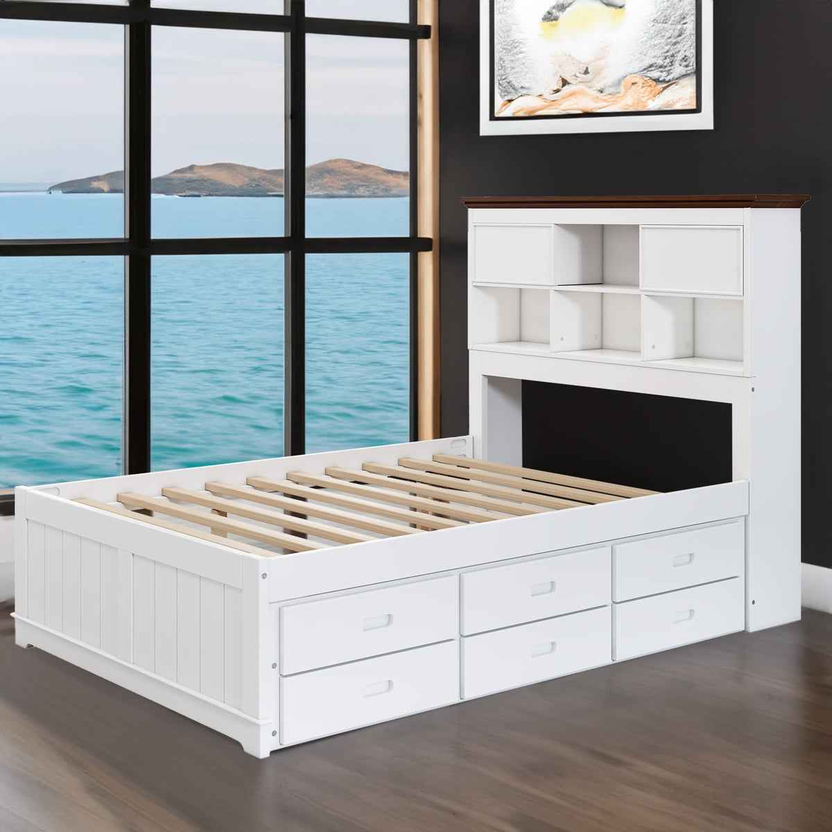 Full Captain's Bed with Bookcase Headboard and Drawers