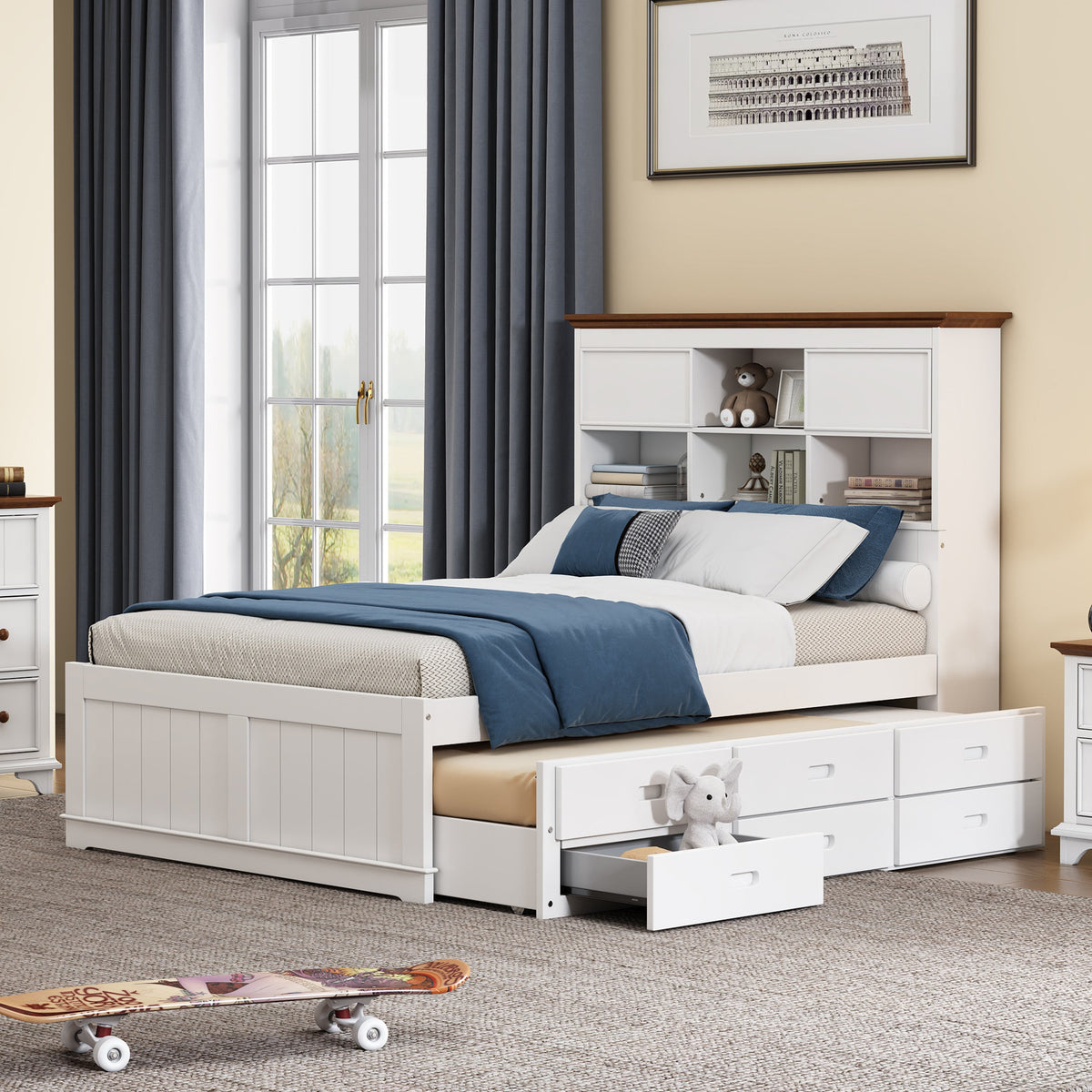 Full Captain's Bed with Bookcase Headboard and Drawers