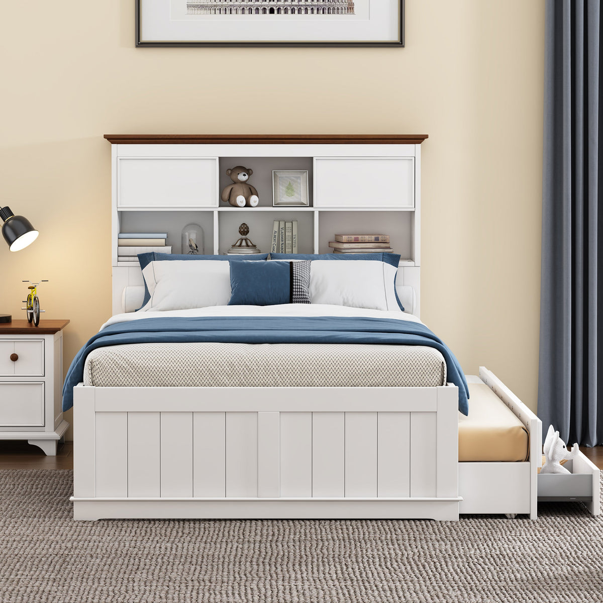 Full Captain's Bed with Bookcase Headboard and Drawers