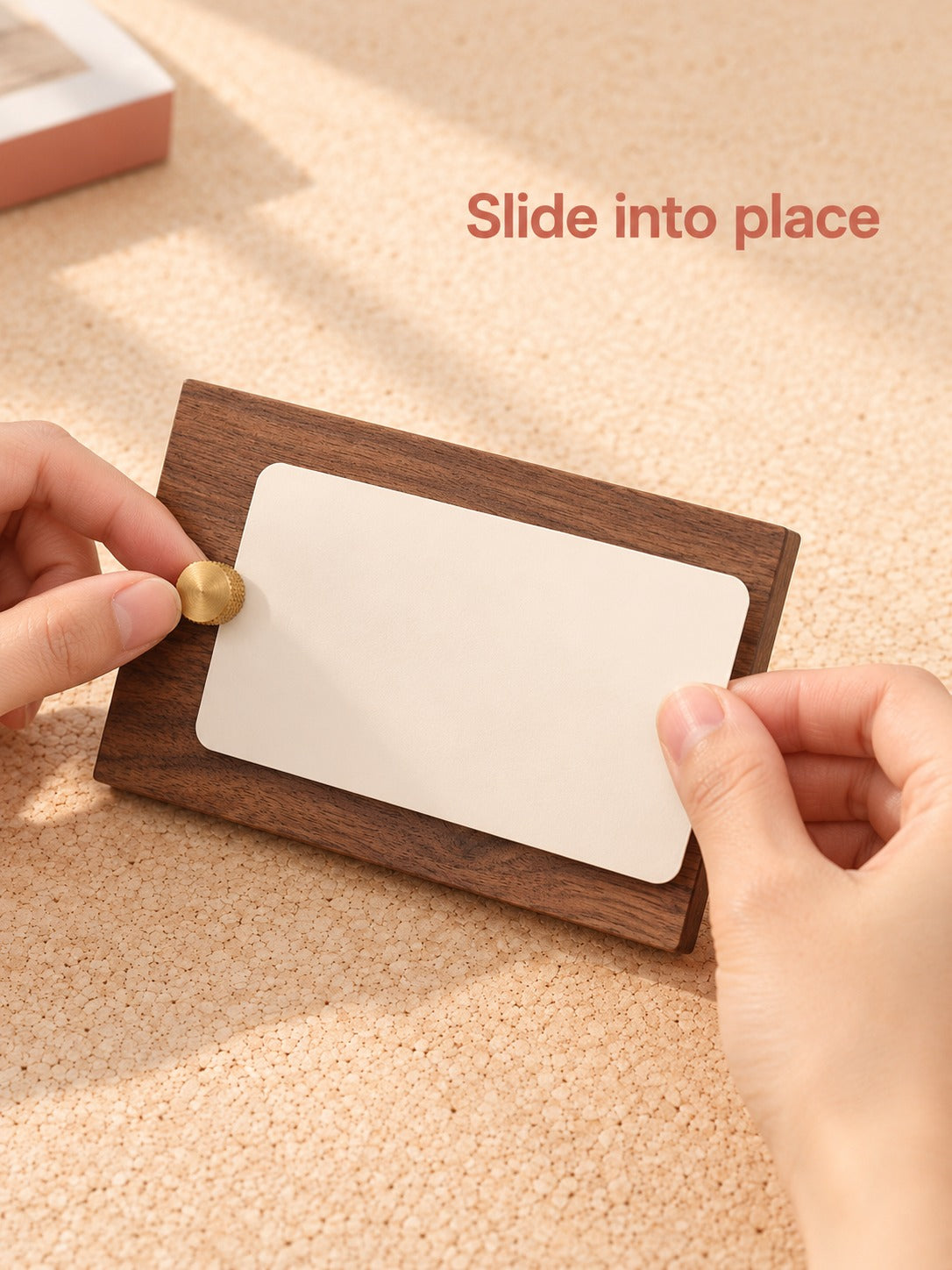 Solid Walnut Business Card Holder Stand, Brass Knob